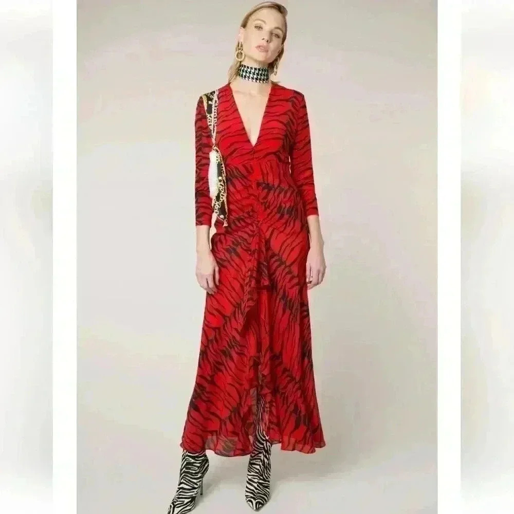 Rixo Adriana Zebra Striped Animal Print Red Black Silk Maxi Dress Size Small